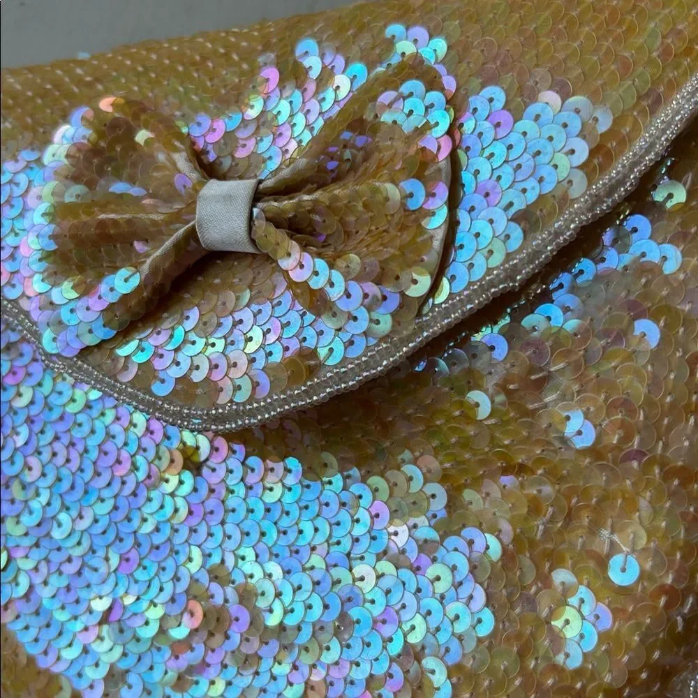 Vintage Shell Kepler Lacy After Noon Iridescent Yellow Sequin Bow Clutch